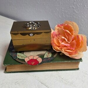 Vintage Brass 3-Tier Cantilever Jewelry Box Pink Velvet Rhinestone Accordion